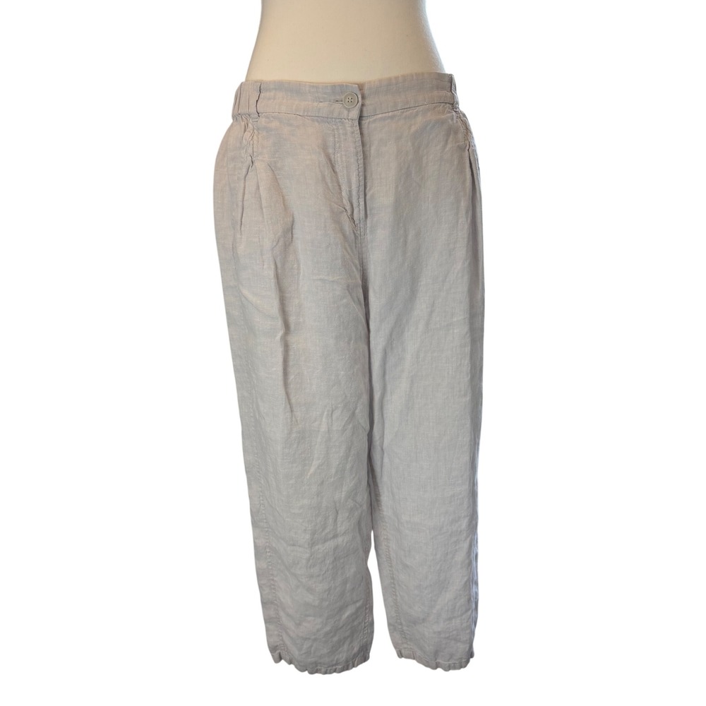 Poetry Light Grey Off White 100% Linen Pants Size US 16 Elastic Waist High Rise